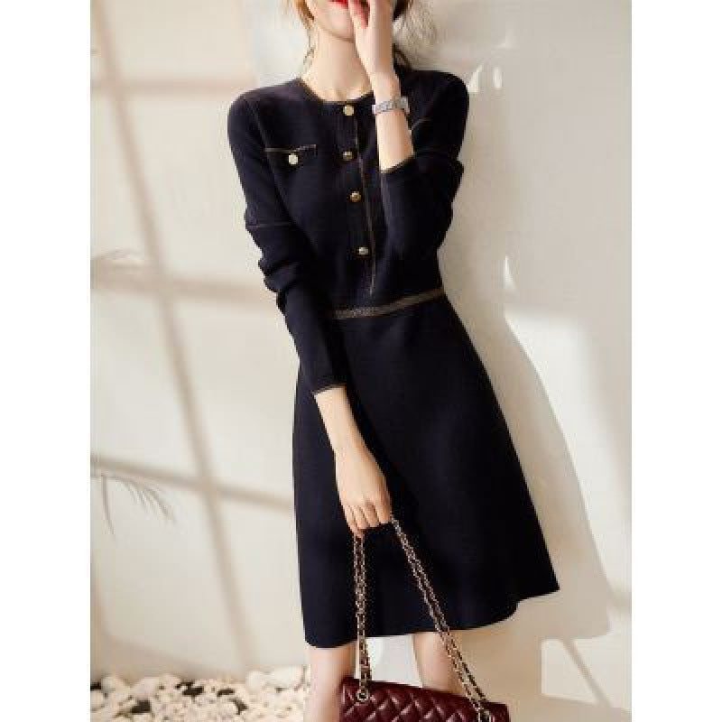 Femme Elegante Knopfverschluss Strickkleid WW