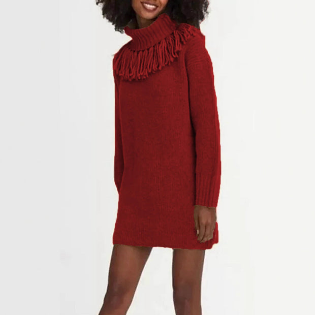 Damen Strickkleid mit Fransenkragen und gerippten Ärmeln WW