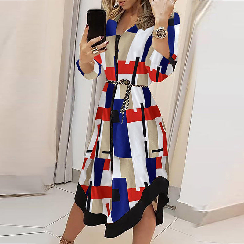 Damen Maxikleid mit modernem geometrischen Muster und eleganter Taillierung W&W Mode