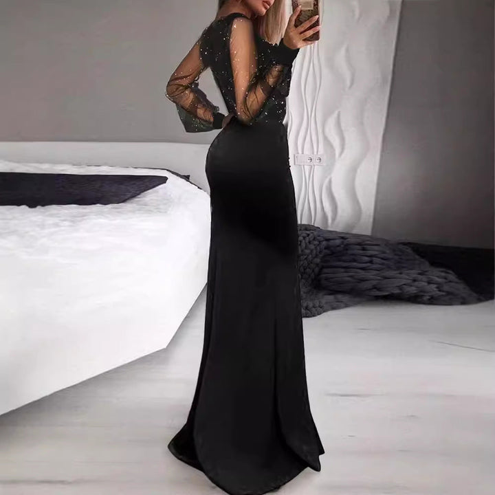 Damen langes Abendkleid mit V-Ausschnitt und langen Ärmeln