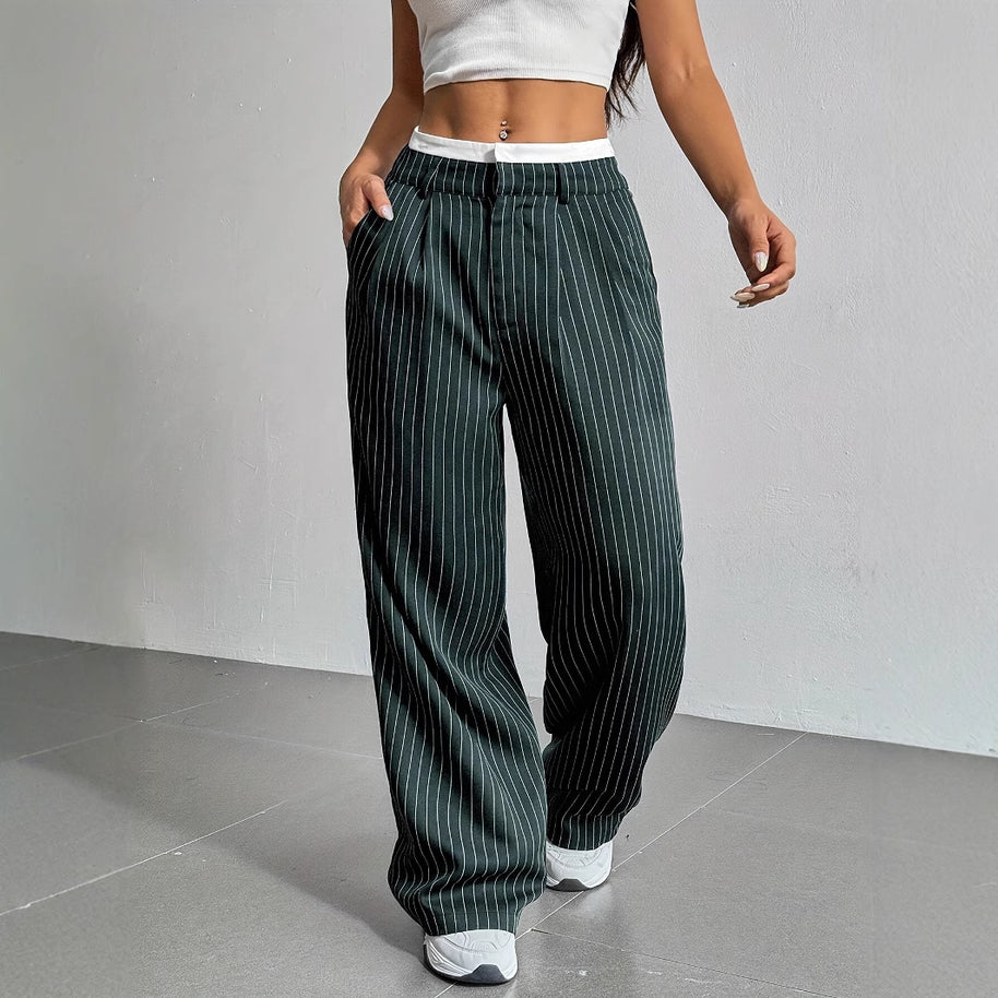 Damen Elegante Weite Hose mit Nadelstreifen und hohem Bund WW