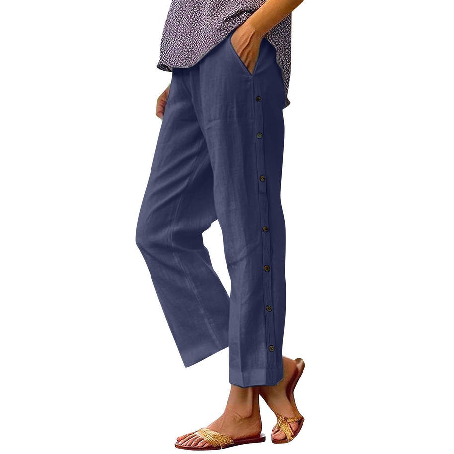 Damen Bequeme Leinenhose mit Knopfdetails WW
