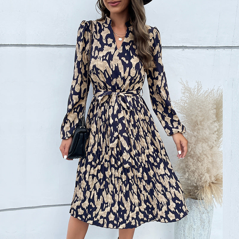 Damen elegantes Maxikleid mit Gürtel und raffiniertem Muster WW