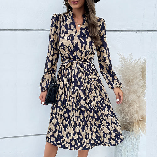 Damen elegantes Maxikleid mit Gürtel und raffiniertem Muster WW
