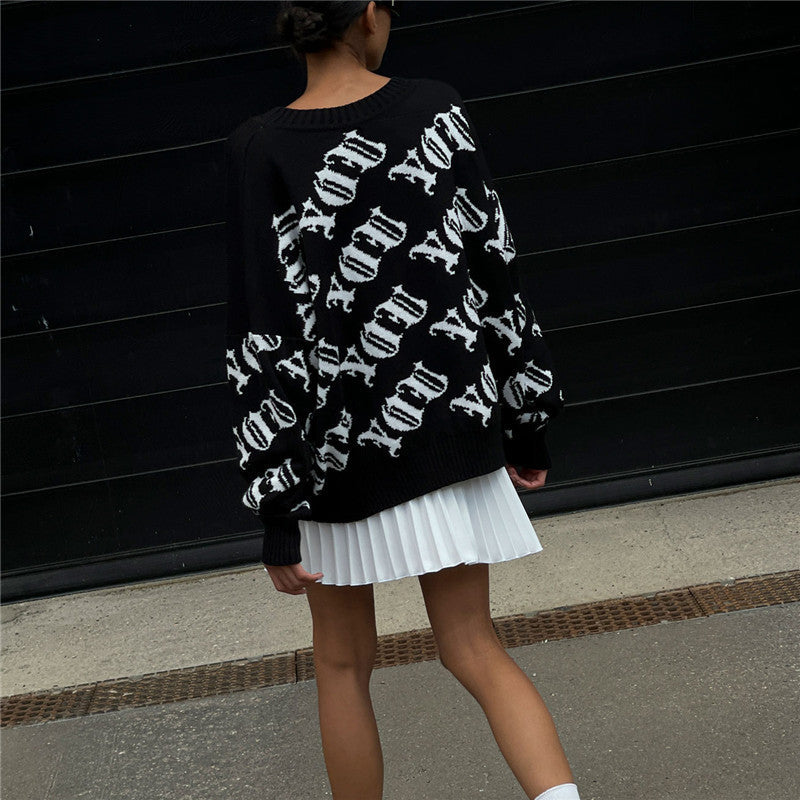 Damen lässiger Strickpullover mit modernem Schriftzug und weitem Schnitt W&W Mode