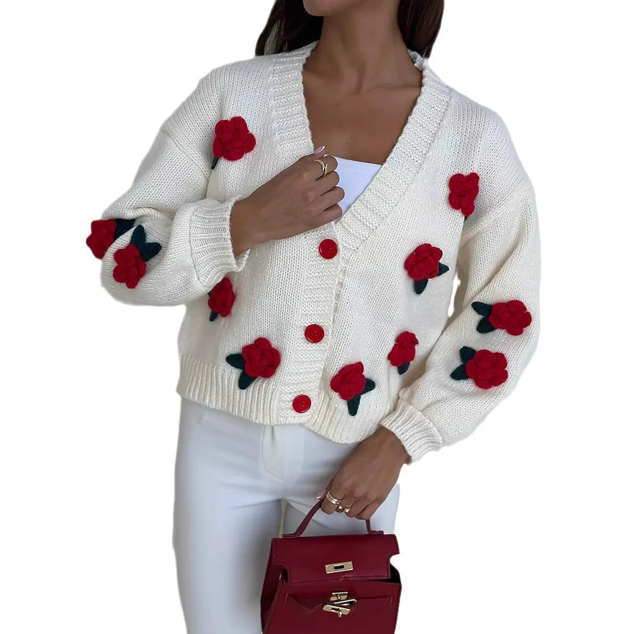 Damen Strickjacke mit floralen Applikationen und voluminösen Ärmeln WW