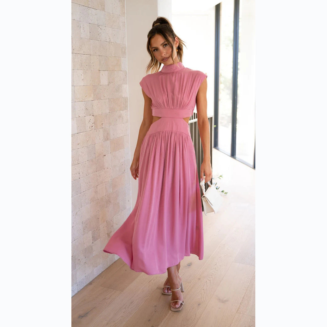 Damen elegantes Maxikleid mit hohem Kragen und seitlichen Cut-Outs WW