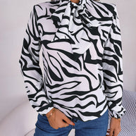 Damen Bluse mit modischem Zebra-Muster und elegantem Schleifenkragen WW