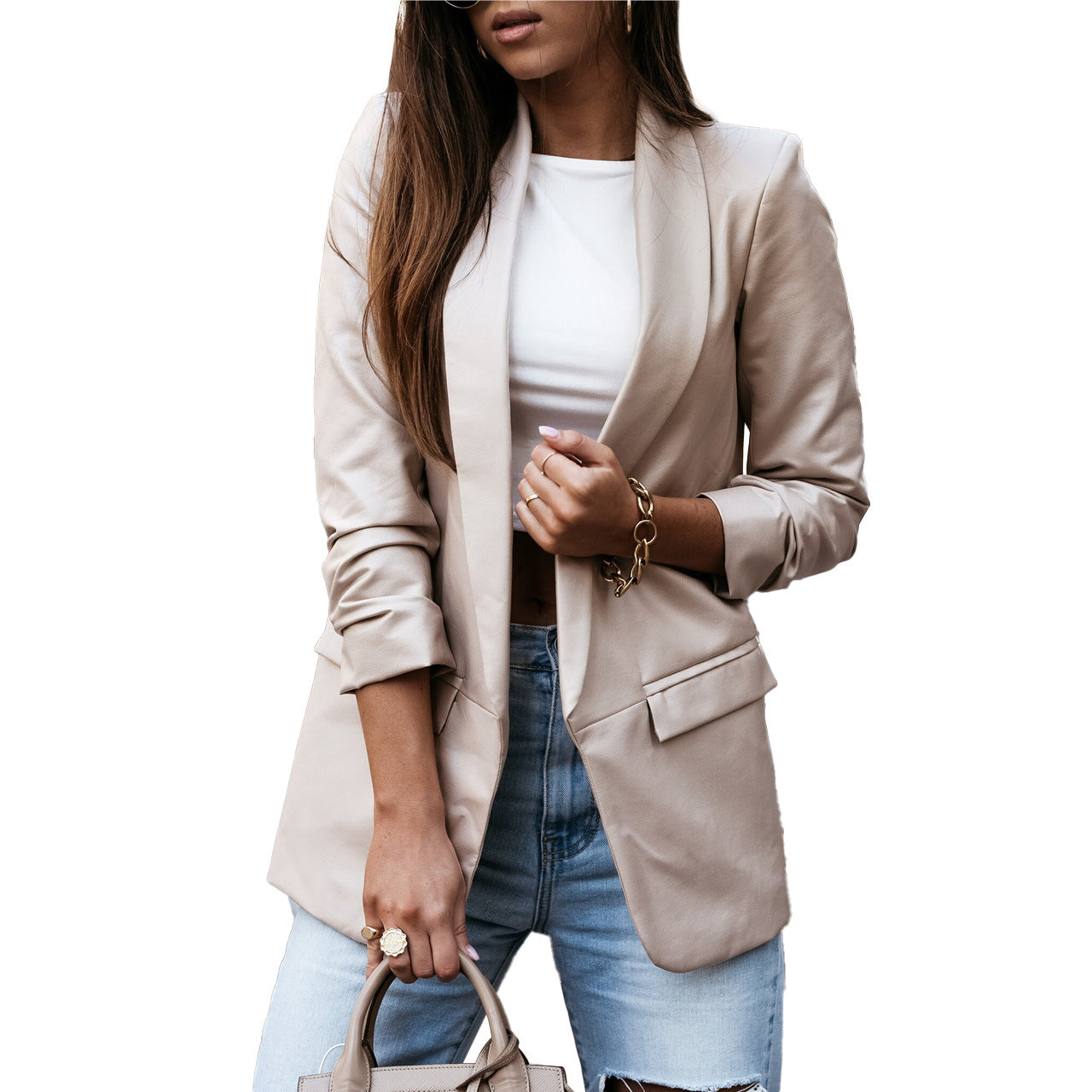 Damen Kunstleder Blazerjacke mit modernem Schnitt und schickem Revers WW