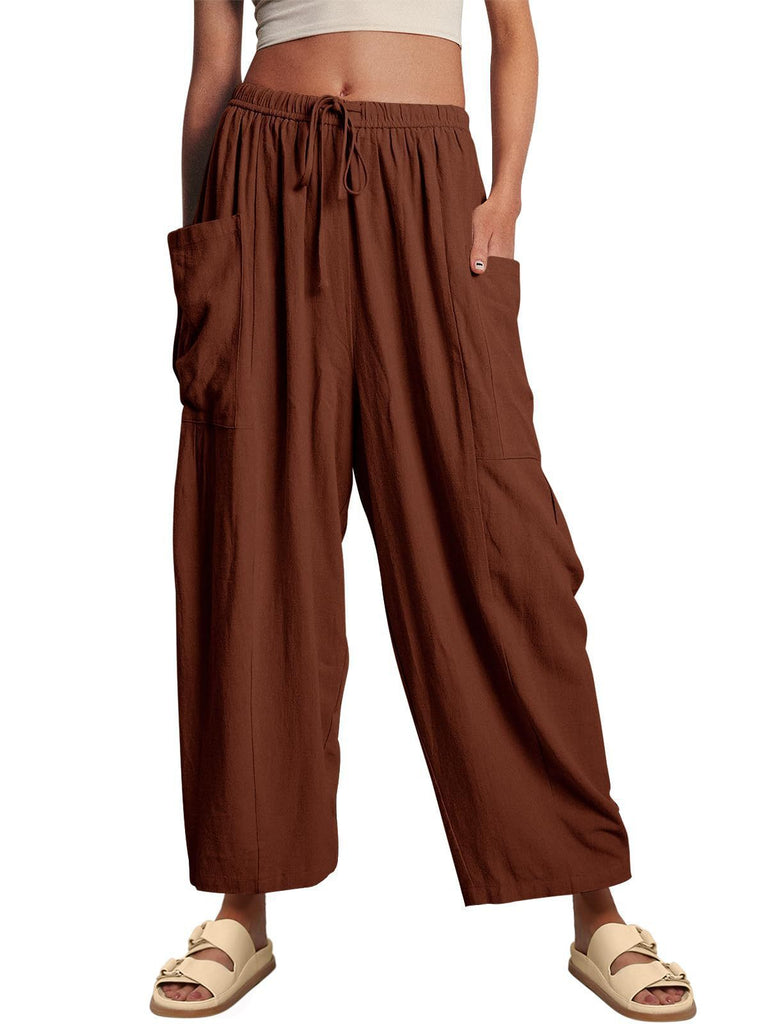 Damen lässige weit geschnittene Leinenhose mit praktischen Taschen und elastischem Bund WW