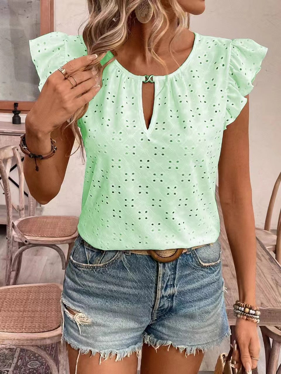 Damen Bluse mit Rüschendetails und Lochstickerei WW