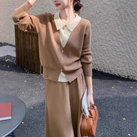 Damen Strickensemble mit eleganter Blusenoptik und weitem Rock WW