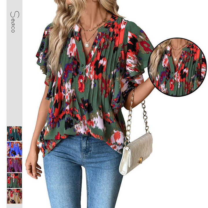 Damen Bluse mit eleganten Rüschendetails und verspieltem Print W&W Mode