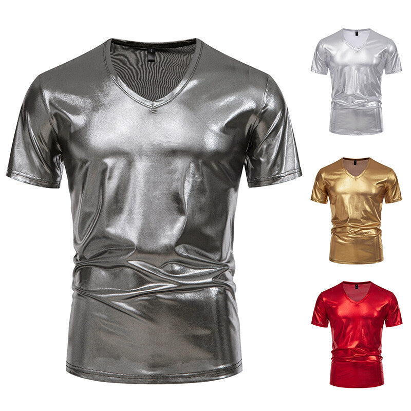 Herren Glänzendes Metallisches V-Ausschnitt T-Shirt WW