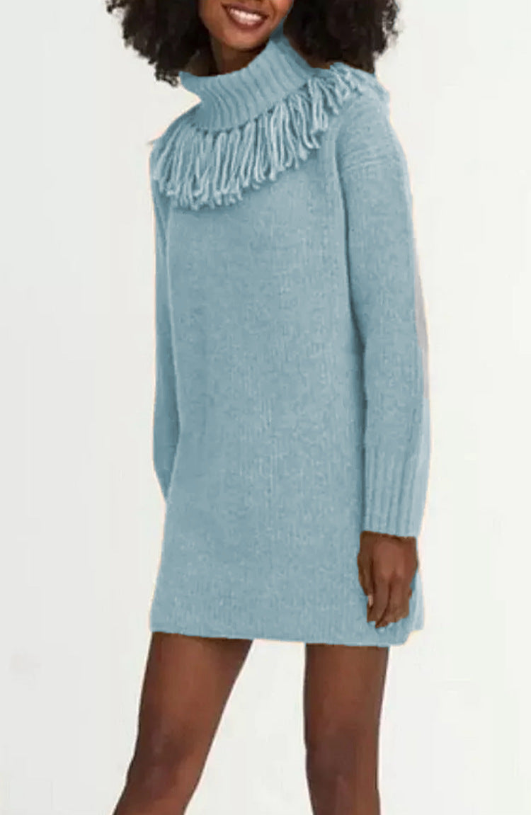 Damen Strickkleid mit Fransenkragen und gerippten Ärmeln WW