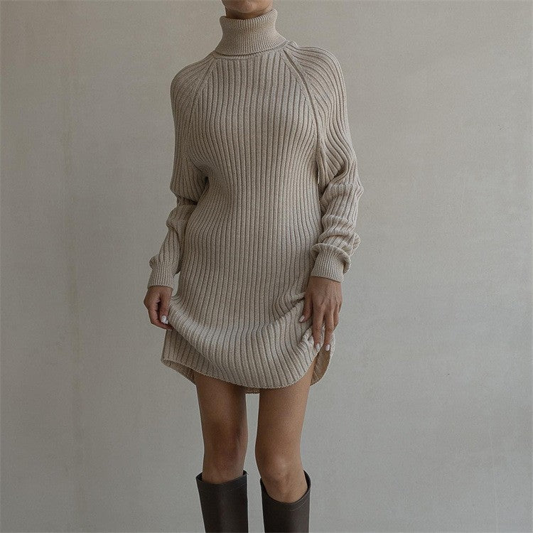 Damen Strickkleid mit hohem Kragen und großen Ärmeln WW