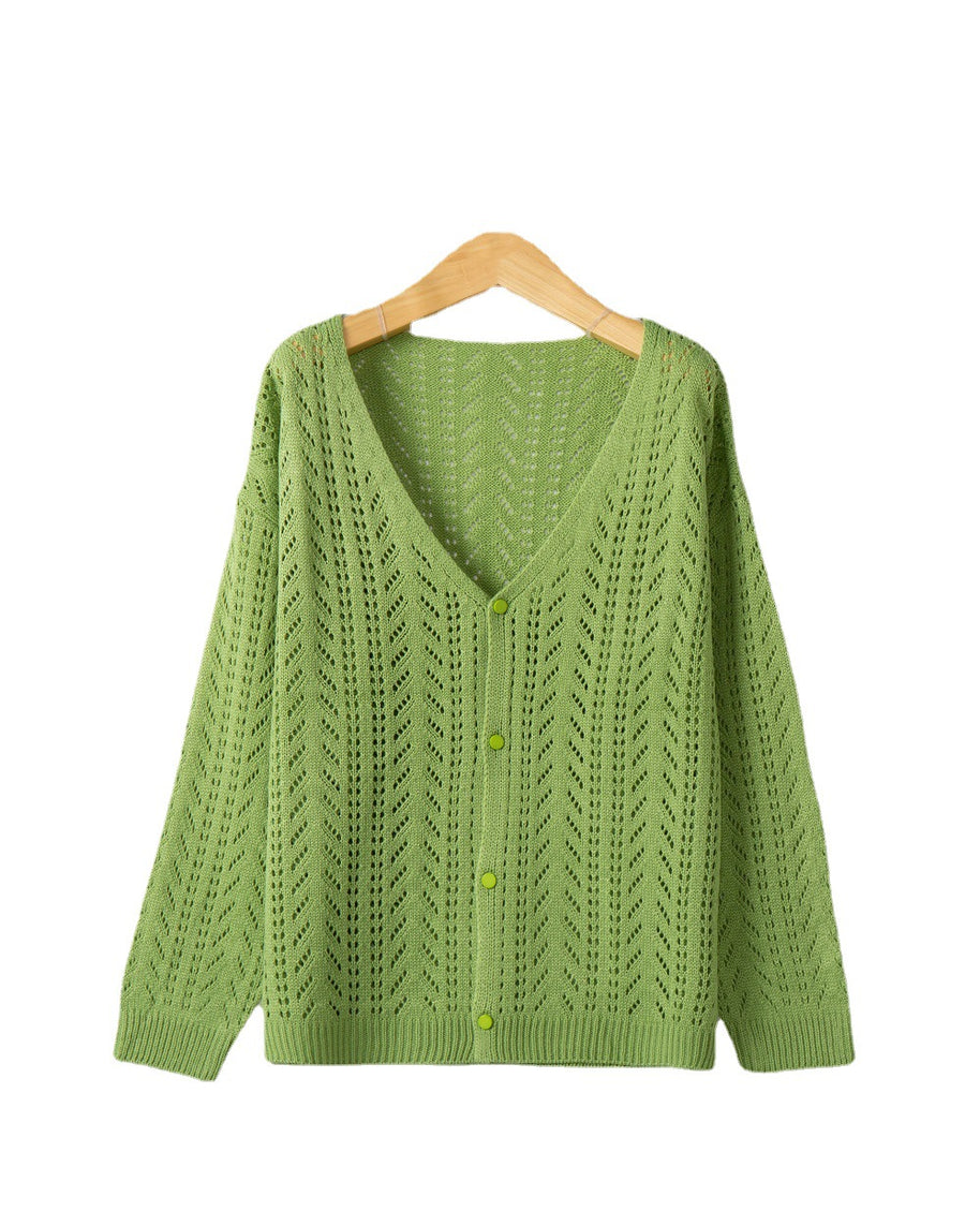 Damen Strickcardigan mit luftiger Lochmusterung und V-Ausschnitt WW