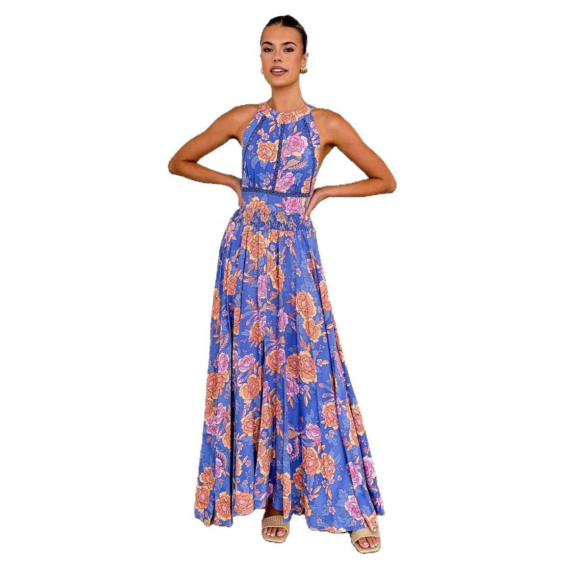 Damen Maxikleid mit hochgeschlossenem Ausschnitt und floralen Akzenten WW