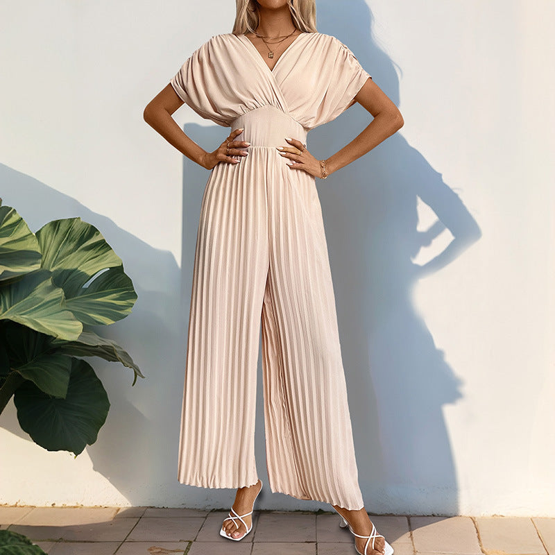 Damen Eleganter Jumpsuit mit tiefem V-Ausschnitt und voluminösen Ärmeln WW