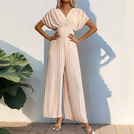 Damen Eleganter Jumpsuit mit tiefem V-Ausschnitt und voluminösen Ärmeln WW