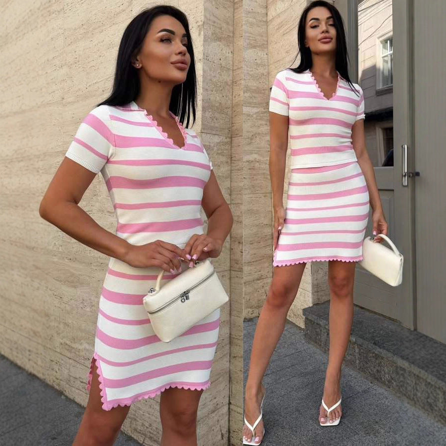 Damen Streifen Kleid mit kurzem Ärmel und Rippstruktur WW