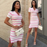 Damen Streifen Kleid mit kurzem Ärmel und Rippstruktur WW