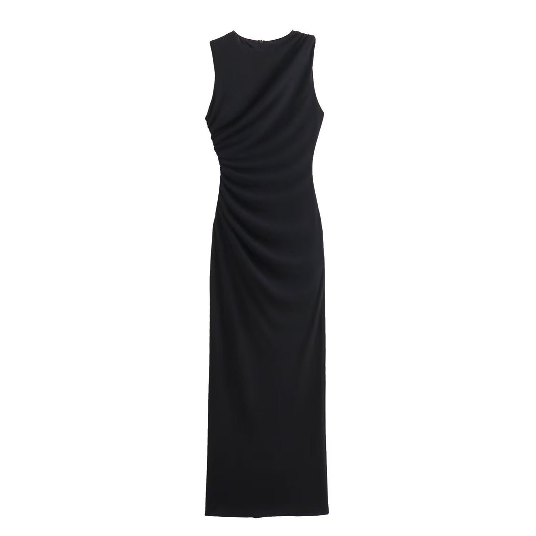 W&W Mode | Einfarbiges Rundhalsausschnitt Ärmelloses Faltendes Slim Fit Kleid