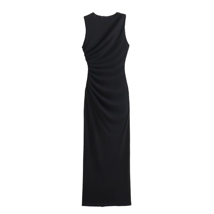 W&W Mode | Einfarbiges Rundhalsausschnitt Ärmelloses Faltendes Slim Fit Kleid