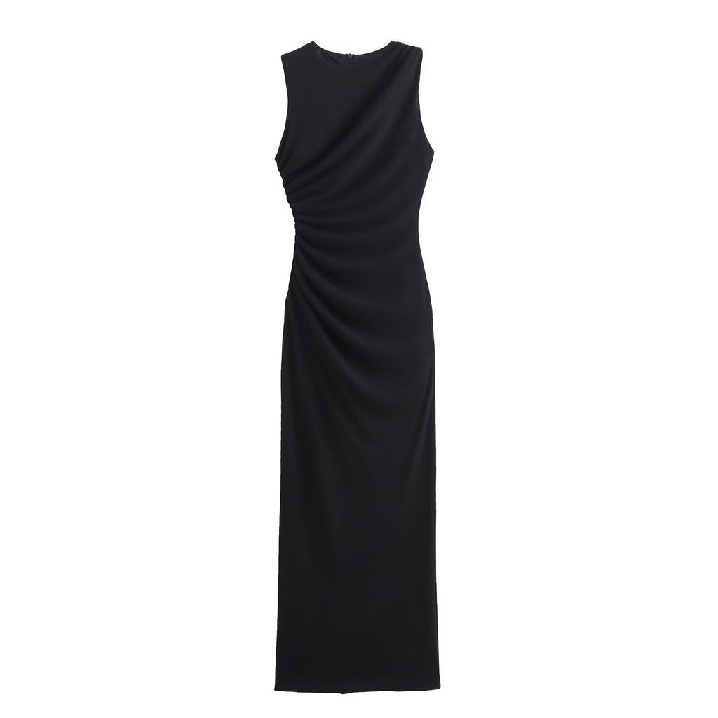 WWMODE | Einfarbiges Rundhalsausschnitt Ärmelloses Faltendes Slim Fit Kleid