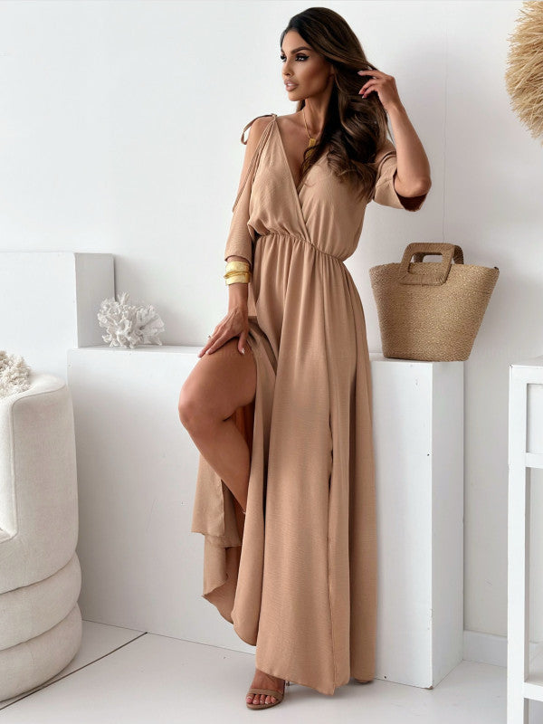 W&W Mode | Satin-Träger-Spitzen-V-Ausschnitt-Langes Kleid