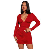 Damen figurbetontes Minikleid mit eleganter Raffung und tiefem V-Ausschnitt W&W
