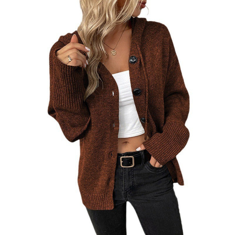 Damen lässige Strickjacke mit Kapuze und Knopfverschluss WW