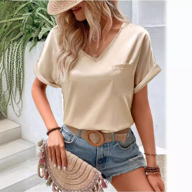 Damen Satin V-Ausschnitt T-Shirt mit Brusttasche und lässigem Schnitt WW