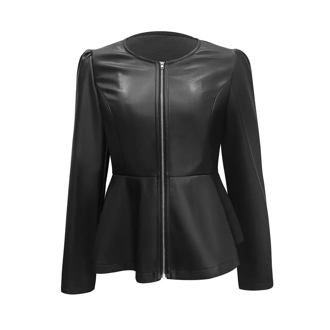 Damen Kunstlederjacke mit elliptischem Schnitt und Puffärmeln W&W Mode