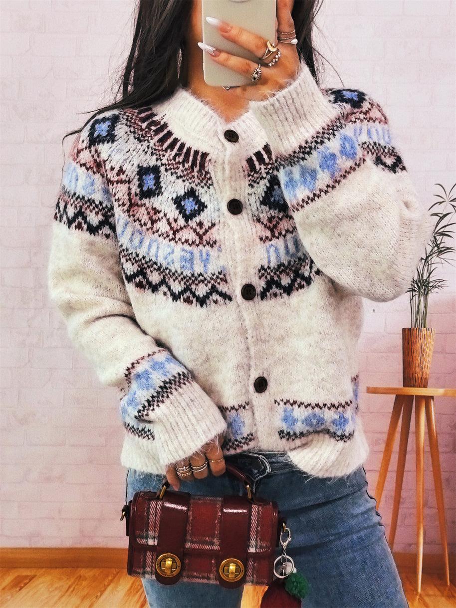 Damen Strickjacke mit buntem nordischen Muster und hochwertigen Holzknöpfen WW