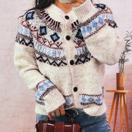 Damen Strickjacke mit buntem nordischen Muster und hochwertigen Holzknöpfen WW