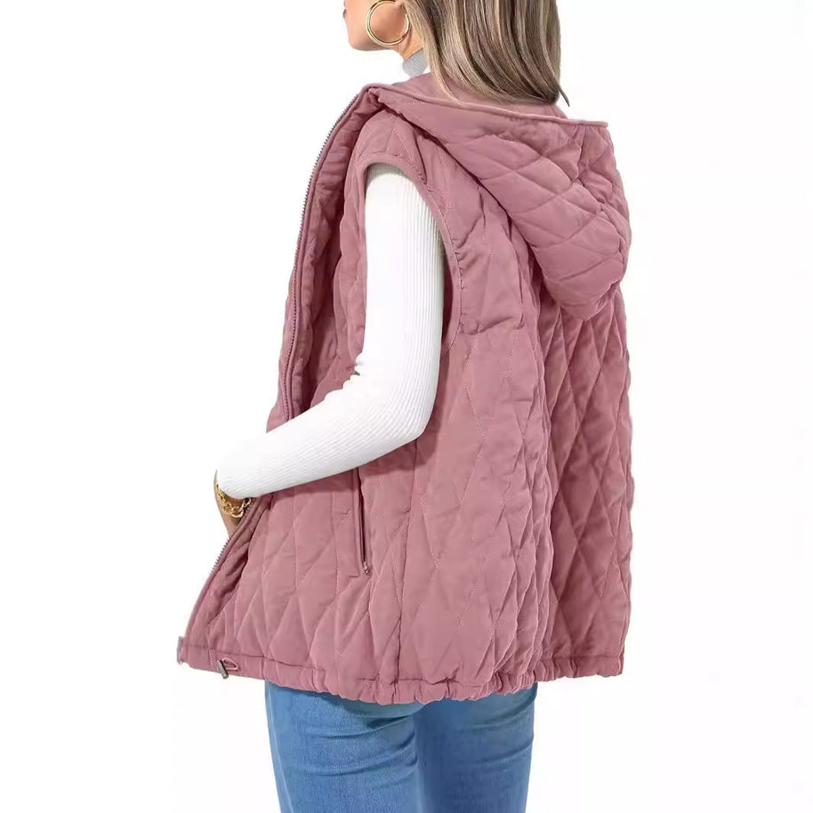 Damen gesteppte Hoodie-Weste mit praktischen Taschen WW