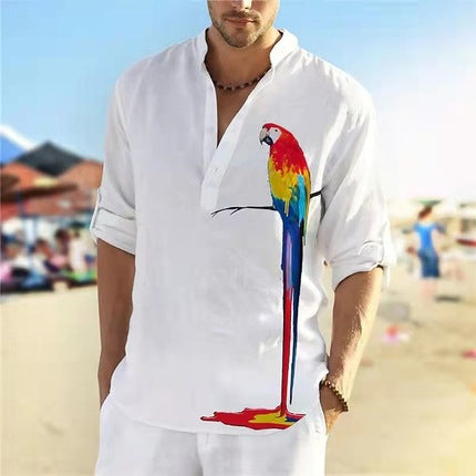 Herren Leinenhemd mit einzigartigem Federdesign und modischem Henley-Ausschnitt WW