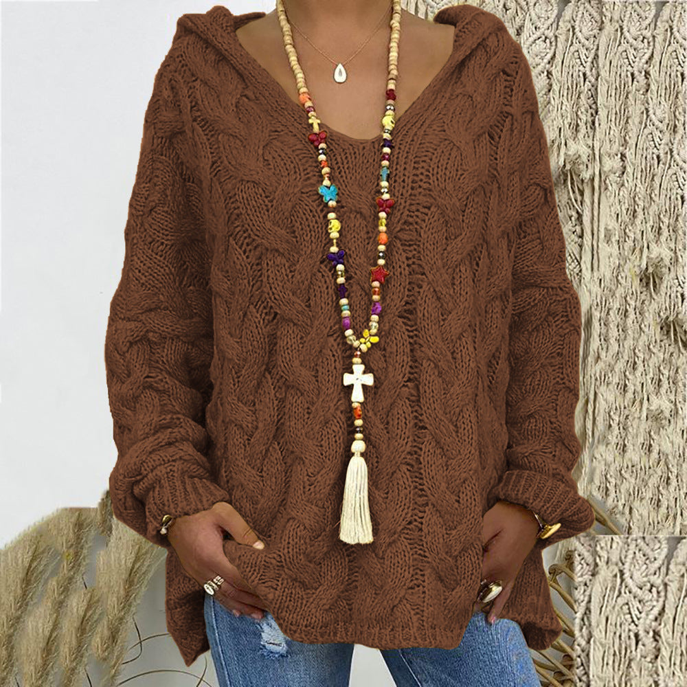 Damen Strickpullover mit Kapuze und Zopfmuster WW