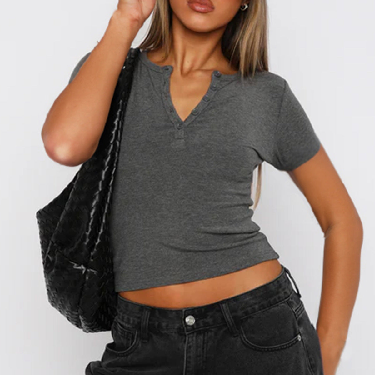 Damen figurbetontes Cropped T-Shirt mit kurzem Arm und Knopfleiste WW
