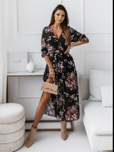 WW | Kurzarm Split Chiffon Bedrucktes Maxikleid