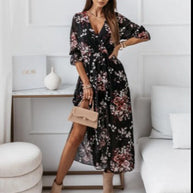 WW | Kurzarm Split Chiffon Bedrucktes Maxikleid