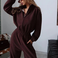 Damen Sportlicher Fleece-Jumpsuit mit hohem Kragen WW