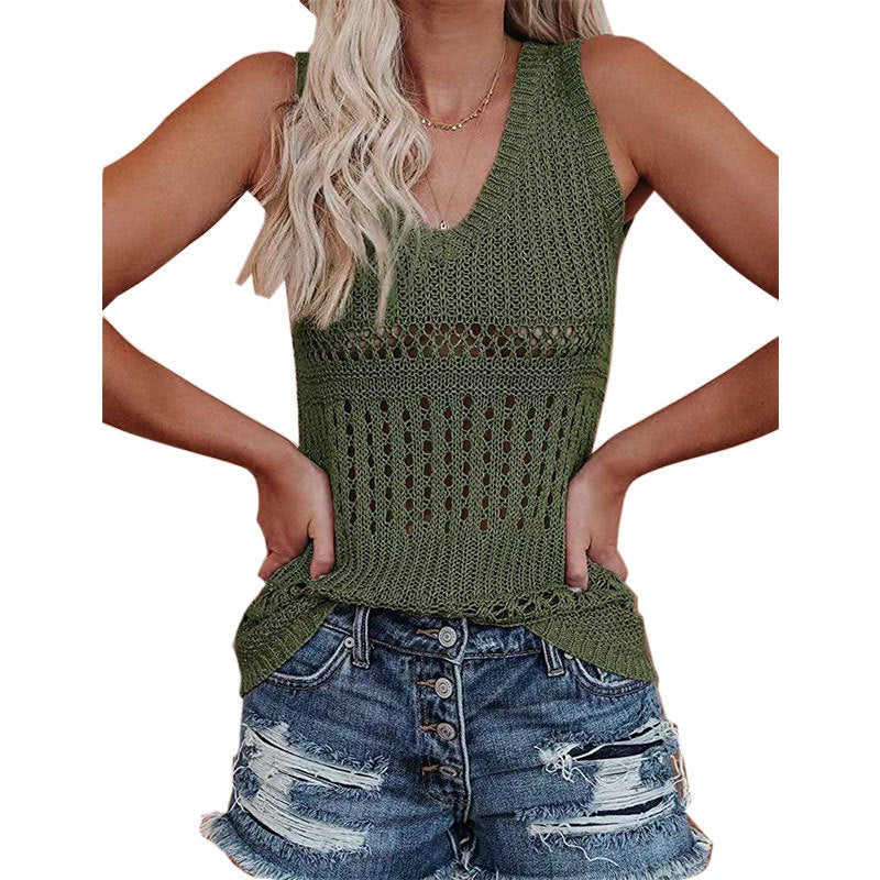 Damen luftiges Stricktop mit V-Ausschnitt und feinen Lochmustern W&W Mode