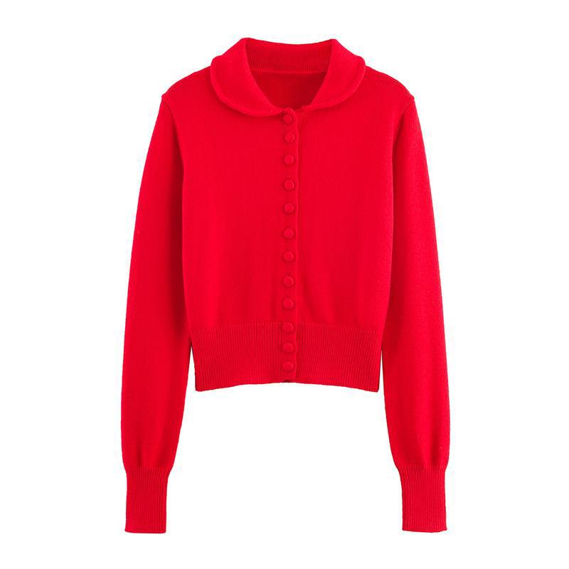 Damen Strickjacke mit Rüschenkragen und dekorativen Knöpfen WW