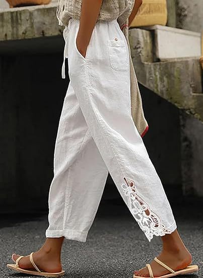 Damen lockere Leinenhose mit dekorativer Stickerei WW