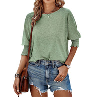 Damen lässiges Oversized T-Shirt mit modischen Puffärmeln und Rundhalsausschnitt WW