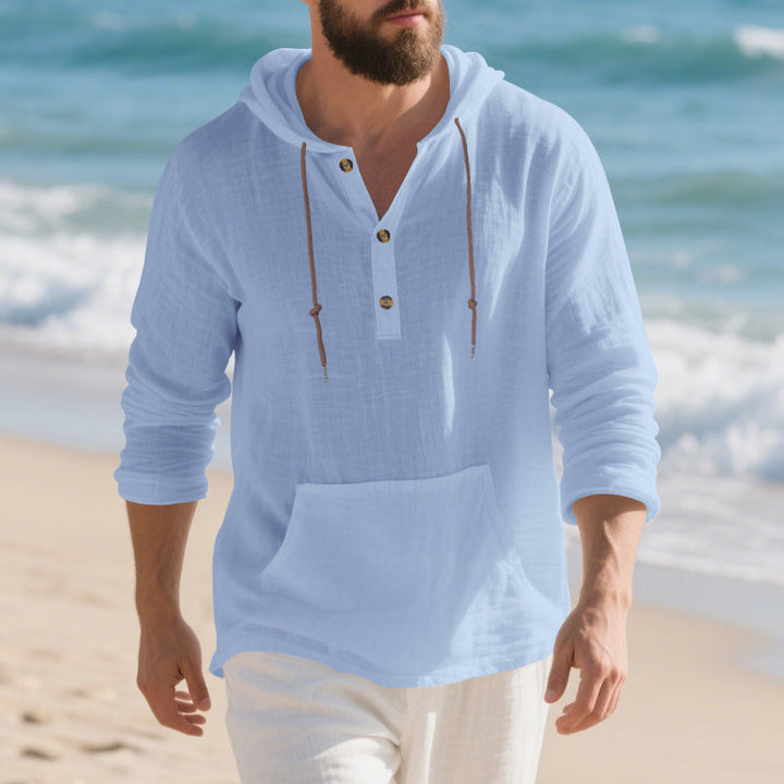 Herren nan leichtes Kapuzen-Henley aus Leinen-Baumwollmix mit Kängurutasche und Knopfleiste W&W Mode