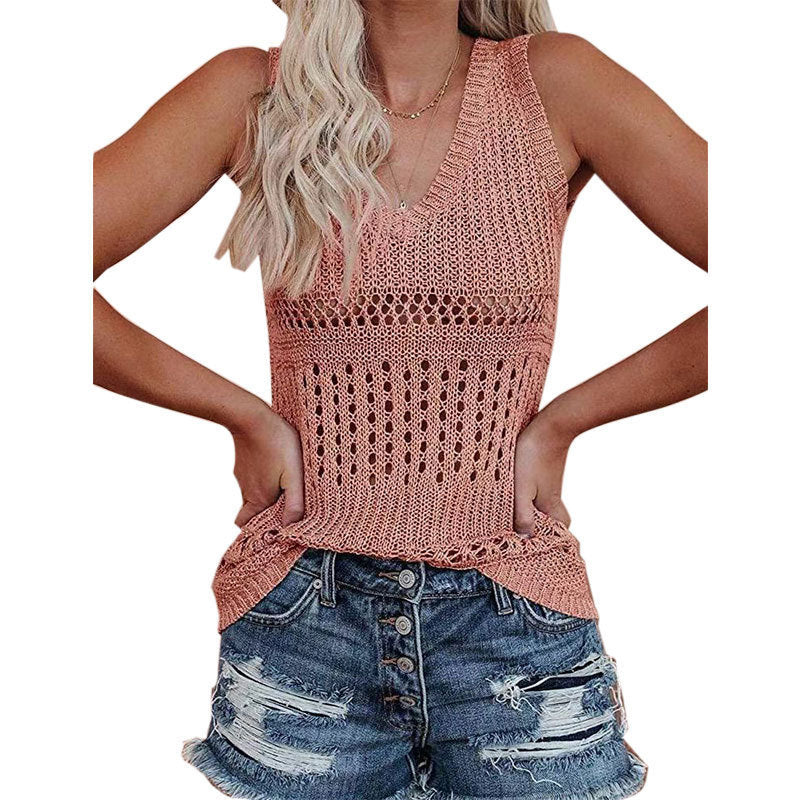 Damen luftiges Stricktop mit V-Ausschnitt und feinen Lochmustern W&W Mode