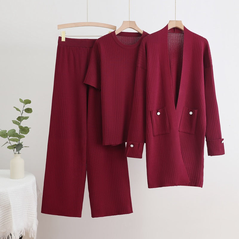 Damen Strick-Loungewear Set mit langen Ärmeln und praktischen Taschen WW